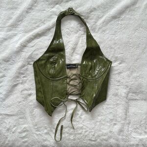 PrettyLittleThing faux leather olive green halter top